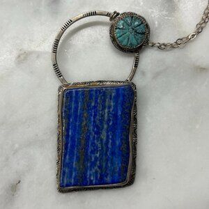 Spectacular Lapis Lazuli Turquoise Sterling Sliver Pendant Necklace + Chain 925